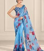 blue heavy silk blend printed saree with pape mirror work & mirror border