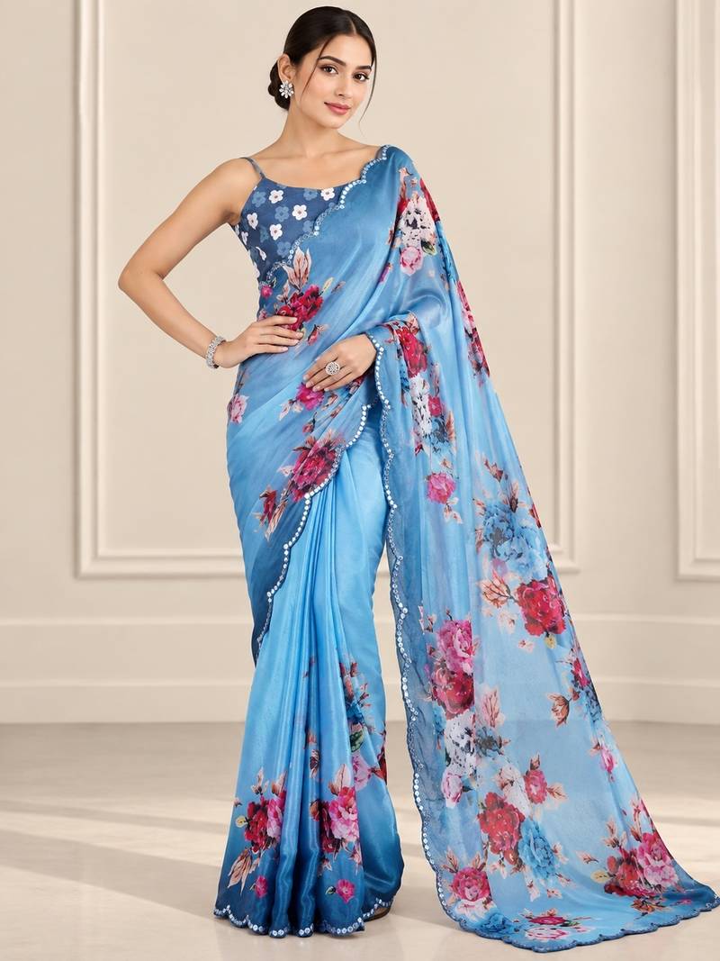 blue heavy silk blend printed saree with pape mirror work & mirror border