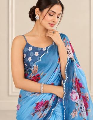 blue heavy silk blend printed saree with pape mirror work & mirror border 2