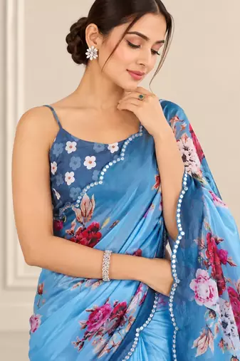 blue heavy silk blend printed saree with pape mirror work & mirror border