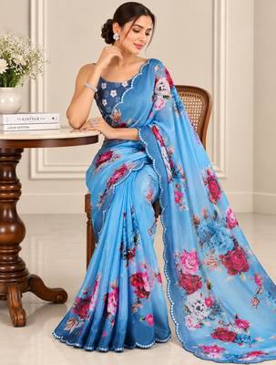 blue heavy silk blend printed saree with pape mirror work & mirror border 3