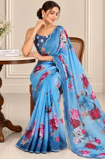 blue heavy silk blend printed saree with pape mirror work & mirror border
