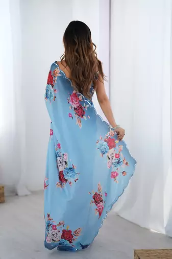 blue heavy silk blend printed saree with pape mirror work & mirror border