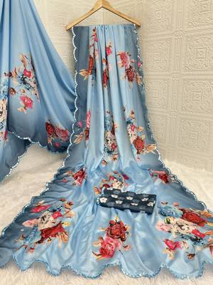 blue heavy silk blend printed saree with pape mirror work & mirror border 5