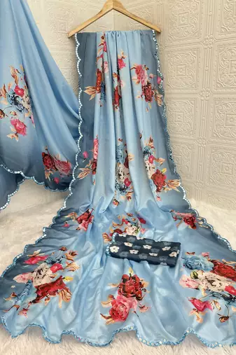 blue heavy silk blend printed saree with pape mirror work & mirror border