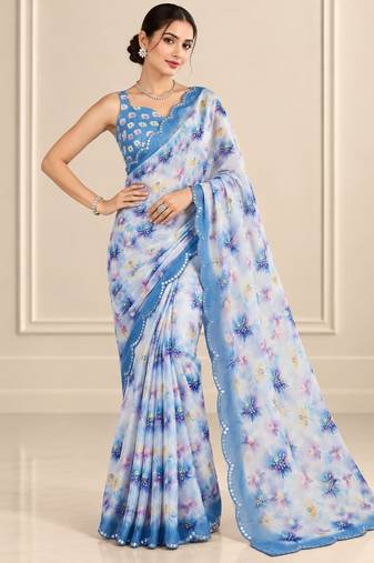 blue heavy silk blend printed saree with pape mirror work & mirror border