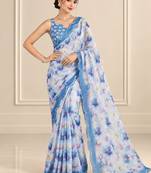 blue heavy silk blend printed saree with pape mirror work & mirror border