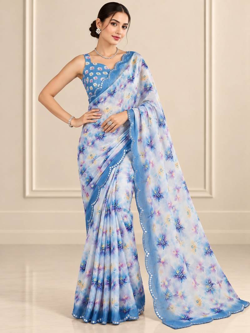 blue heavy silk blend printed saree with pape mirror work & mirror border