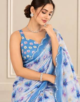 blue heavy silk blend printed saree with pape mirror work & mirror border 2