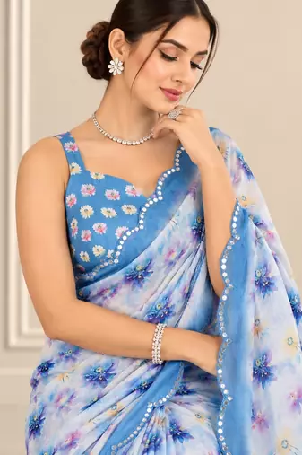 blue heavy silk blend printed saree with pape mirror work & mirror border