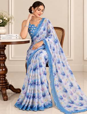blue heavy silk blend printed saree with pape mirror work & mirror border 3