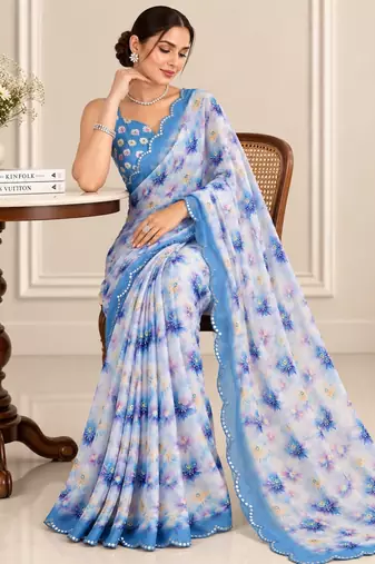 blue heavy silk blend printed saree with pape mirror work & mirror border