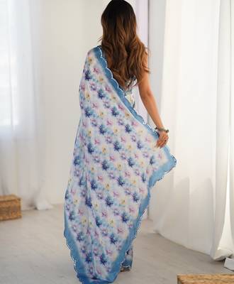 blue heavy silk blend printed saree with pape mirror work & mirror border 4
