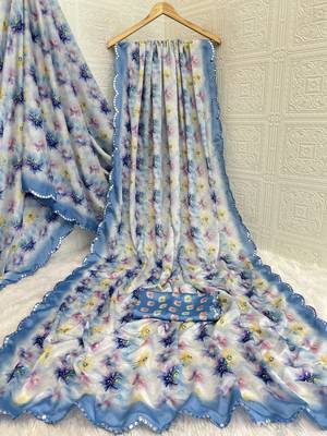 blue heavy silk blend printed saree with pape mirror work & mirror border 5