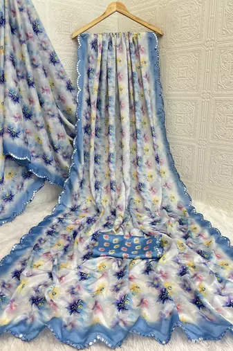 blue heavy silk blend printed saree with pape mirror work & mirror border