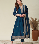 Women teal embroidered v-neck a-line kurta pant set with contrast teal dupatta