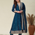 Women teal embroidered v-neck a-line kurta pant set with contrast teal dupatta