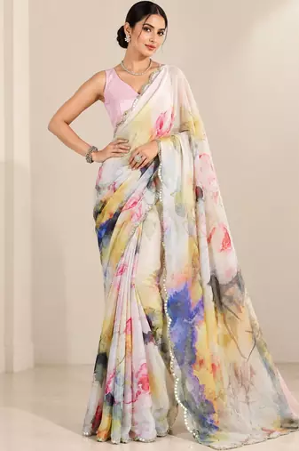 off white heavy silk blend printed saree with pape mirror work & mirror border