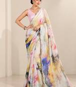 off white heavy silk blend printed saree with pape mirror work & mirror border