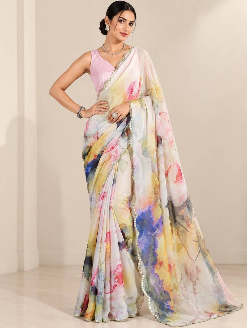 off white heavy silk blend printed saree with pape mirror work & mirror border