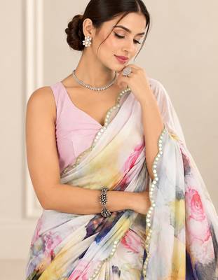 off white heavy silk blend printed saree with pape mirror work & mirror border 2