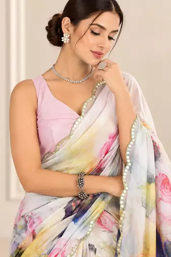 off white heavy silk blend printed saree with pape mirror work & mirror border