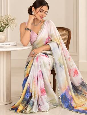 off white heavy silk blend printed saree with pape mirror work & mirror border 3