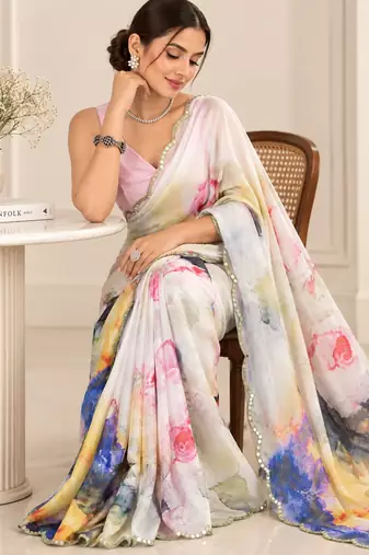 off white heavy silk blend printed saree with pape mirror work & mirror border