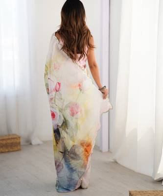off white heavy silk blend printed saree with pape mirror work & mirror border 4