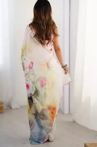 off white heavy silk blend printed saree with pape mirror work & mirror border