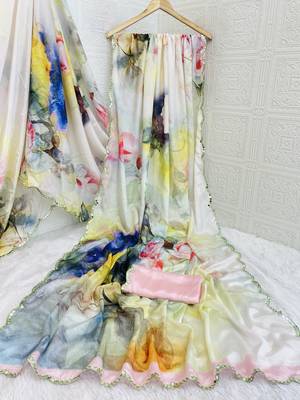 off white heavy silk blend printed saree with pape mirror work & mirror border 5