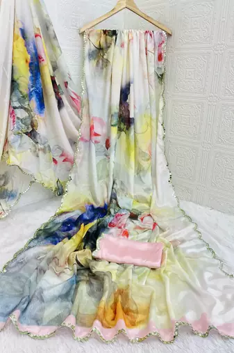 off white heavy silk blend printed saree with pape mirror work & mirror border