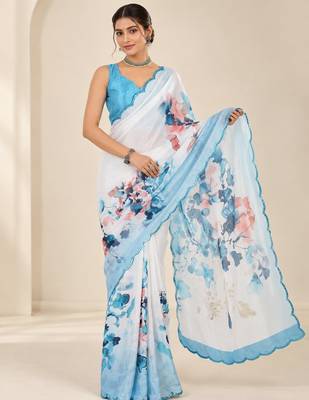  white heavy silk blend printed saree with pape mirror work & mirror border 1