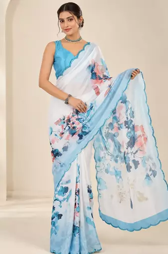  white heavy silk blend printed saree with pape mirror work & mirror border