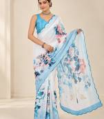  white heavy silk blend printed saree with pape mirror work & mirror border