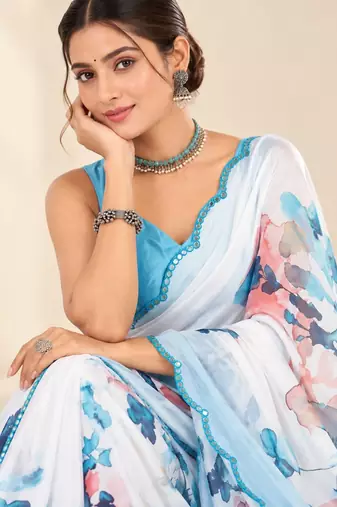  white heavy silk blend printed saree with pape mirror work & mirror border