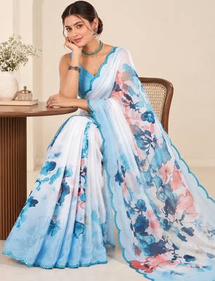  white heavy silk blend printed saree with pape mirror work & mirror border 3
