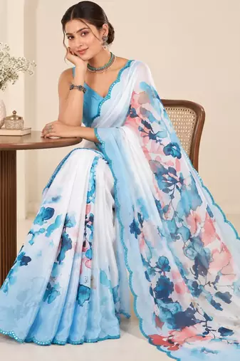  white heavy silk blend printed saree with pape mirror work & mirror border