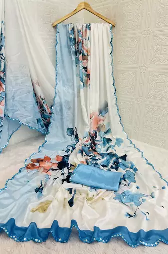  white heavy silk blend printed saree with pape mirror work & mirror border