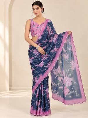 navy blue heavy silk blend printed saree with pape mirror work & mirror border 1