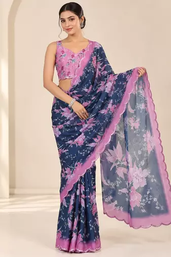 navy blue heavy silk blend printed saree with pape mirror work & mirror border