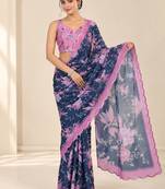 navy blue heavy silk blend printed saree with pape mirror work & mirror border