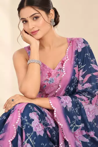 navy blue heavy silk blend printed saree with pape mirror work & mirror border