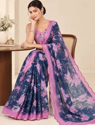 navy blue heavy silk blend printed saree with pape mirror work & mirror border 3