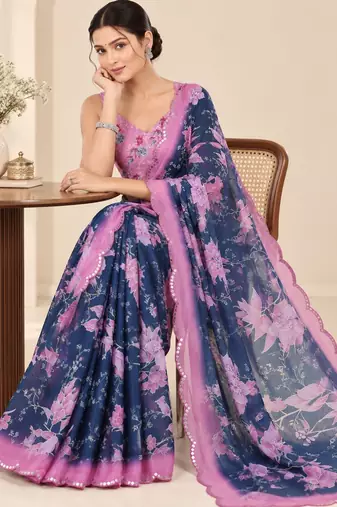 navy blue heavy silk blend printed saree with pape mirror work & mirror border