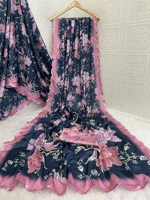 navy blue heavy silk blend printed saree with pape mirror work & mirror border 5