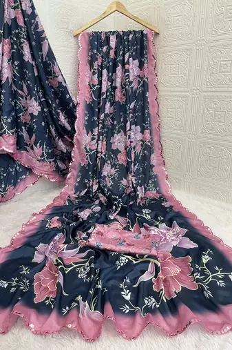 navy blue heavy silk blend printed saree with pape mirror work & mirror border