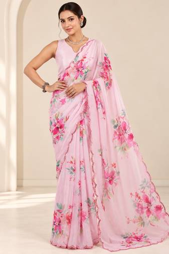 pink heavy silk blend printed saree with pape mirror work & mirror border