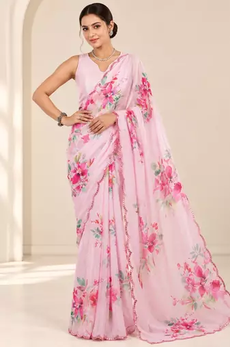 pink heavy silk blend printed saree with pape mirror work & mirror border