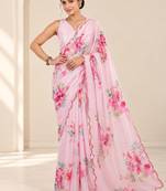 pink heavy silk blend printed saree with pape mirror work & mirror border